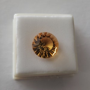May include: A round, faceted, orange gemstone with a starburst pattern in a white display box.