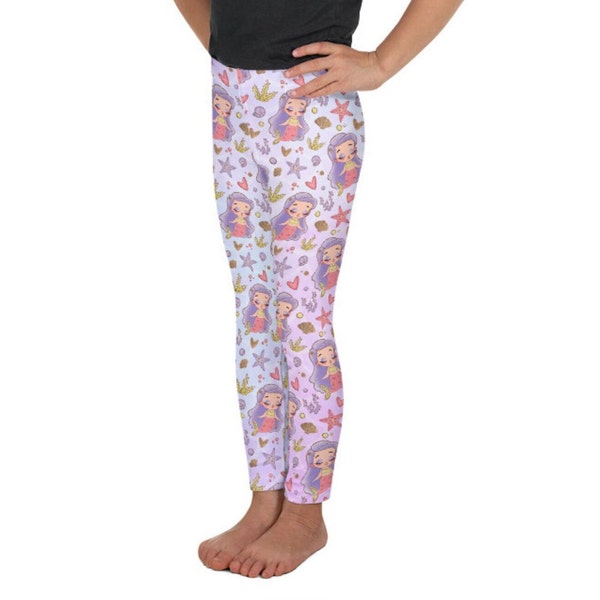 Leggings enfant sirène enchantée, leggings roses et violets pour tout-petits Leggings enfant petite sirène tenue d'anniversaire mignonne pour fille Leggings pastel