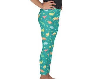 Leggings per bambini Dino Mania, leggings per bambini con dinosauro verde giallo e arancione Simpatici leggings Dino Divertenti vestiti per bambini Leggings stampati colorati