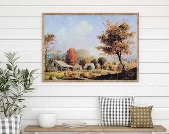 Autumn on the Farm, Warm Aesthetic Decor, Vintage Farmhouse, Fall Farm Painting, Autumn Landscape
