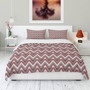 Red Chevron Allure Comforter, Red White and Grey Chevron Pattern Microfiber Comforter, Modern Home and Living Décor, Comforter Bedroom Decor