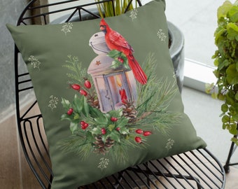 Cardinal Lantern Accent Pillow, Red Cardinal Bird Pillow, Christmas Farmhouse Pillow, Holiday Cardinal Pillow, Cardinal Decor