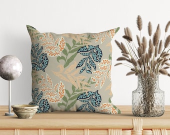 Leafy Relics Pillow Cover: Green Blue Orange Botanical Accent Pillow