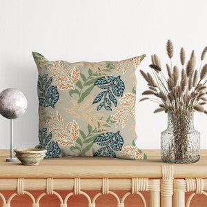 Leafy Relics Pillow Cover: Green Blue Orange Botanical Accent Pillow