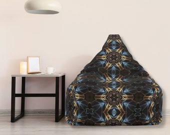 Gilt Fractal Bean Bag Chair Cover, Black Blue and Gold Bean Bag Chair Abstract Design Lounge Chair for Adults Psychedelic Teen Gaming Chair