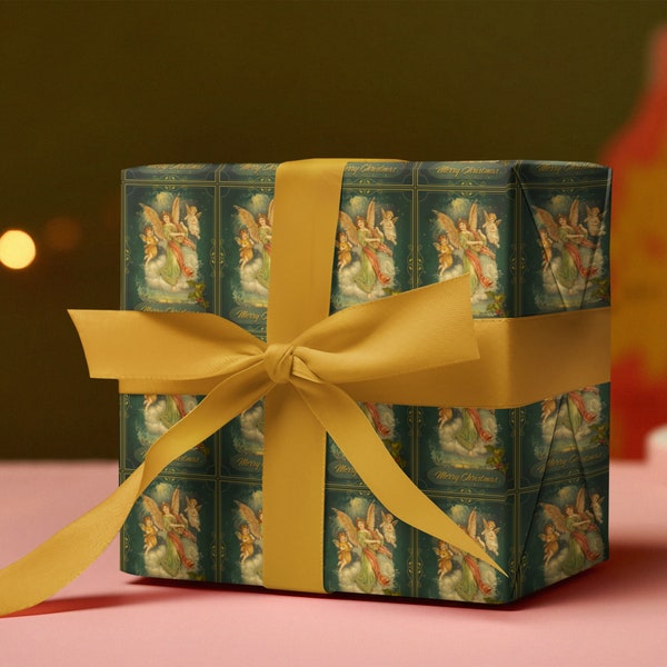 Angelique Christmas Wrapping Paper Roll, Christmas Angels Gift Wrap Merry Christmas Wrapping Paper Musical Angel Dark Green Gold Gift Paper