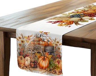 Harvest Table Runner: Pumpkins, Wagon, Autumn Thanksgiving Decor