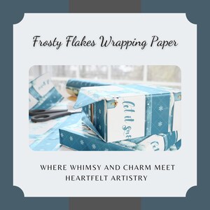 May include: Blue and white wrapping paper with a snowflake pattern and the text "Let it snow". The paper is folded into a box shape.
