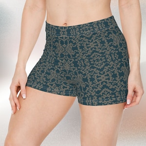 Tether Link Women&#39;s Shorts, Teal Abstract Patterned Skinny Fit Spandex Booty Shorts Yoga Fitness Beach Streetwear Summer Shorts for Women