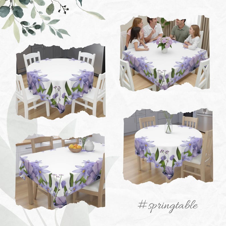 Peut inclure: Une nappe ronde blanche avec un motif floral violet. La nappe est sur une table ronde avec quatre chaises. La nappe a une bordure de fleurs violettes et de feuilles vertes. La nappe est parfaite pour un d&icirc;ner de printemps ou d'&eacute;t&eacute;.