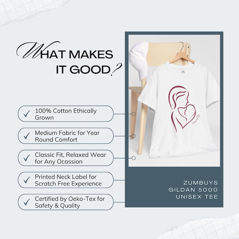 May include: White unisex t-shirt with a maroon graphic of a mother and child. The text "ZUMBUYS GILDAN 5000 UNISEX TEE" is printed below the graphic. The t-shirt is made of 100% ethically grown cotton and is certified by Oeko-Tex for safety and quality.