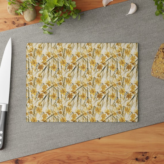 Yellow Daffodil Tempered Glass Cutting Board: Floral Kitchen Decor