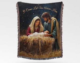 Nativity Scene Woven Blanket: Christian Christmas Throw, 'O Come Let Us Adore Him'