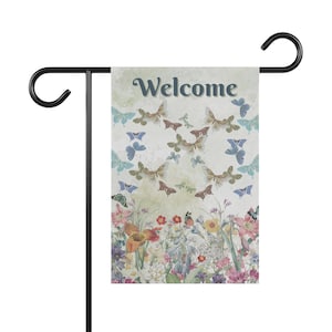 Schmetterlings-Willkommens-Garten-Flagge: Blumenfrühlingsbanner