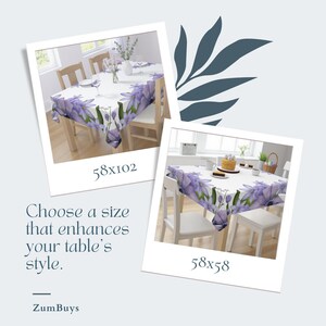 Peut inclure: Deux images d'une table avec une nappe florale. La nappe a un motif floral violet et blanc. La premi&egrave;re image montre une table avec une nappe de 147x259 cm. La deuxi&egrave;me image montre une table avec une nappe de 147x147 cm. Le texte "Choisissez une taille qui rehausse le style de votre table." est sous les images. Le texte "ZumBuys" est en bas de l'image.