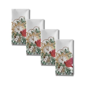 Zeitloses Rotes Kardinal-Stoffservietten-Set mit vier Vintage-Gold-Taschenuhren mit Rotem Kardinal und Grüner Girlanden-Servietten-Weihnachtstischwäsche