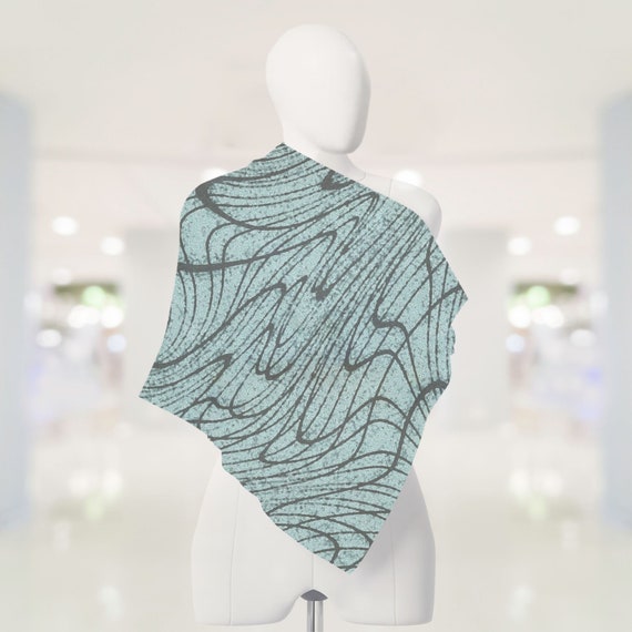 Mint Green Sheer Scarf: Abstract Black Swirls, Poly Chiffon Voile