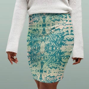 Tie Dye Pencil Skirt: Pink Sunrise, Green Pattern - Mid Waist