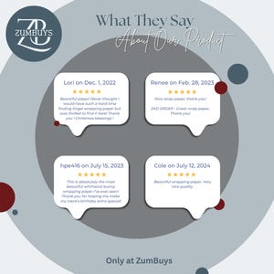 May include: A collage of customer reviews for wrapping paper. The reviews are positive and include five-star ratings. The reviews highlight the quality and beauty of the wrapping paper. The text includes the names of the reviewers and the dates of their reviews. The text also includes the phrase "Only at ZumBuys".