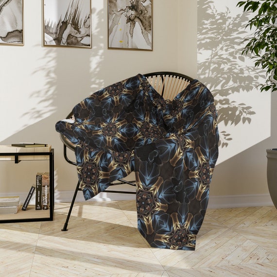 Gilt Fractal Crushed Velvet Blanket: Black, Blue & Gold Abstract Throw