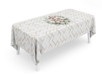 Easter Cotton Tablecloth: Bunnies, Wreath, Geometric Print