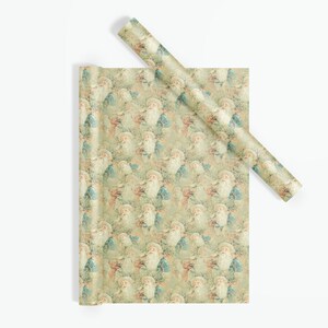 May include: A roll of green and white wrapping paper with a repeating pattern of Santa Claus faces. The paper has a vintage look and feel.