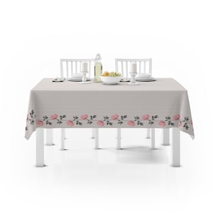 Blush Pink Rose Border Cotton Tablecloth: Cottage Chic Décor