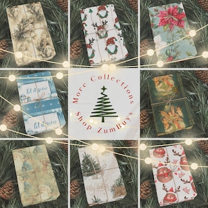 May include: Nine different Christmas wrapping paper designs. The designs include a snowman, a Christmas tree, a gnome, a poinsettia, angels, a Santa Claus, and a winter scene. The wrapping paper is all in a stack and tied with twine.