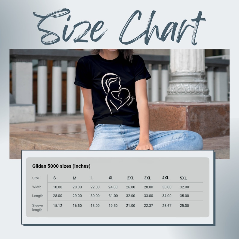 May include: Size chart for Gildan 5000 t-shirts in inches. The chart shows the width, length, and sleeve length for sizes S through 5XL.