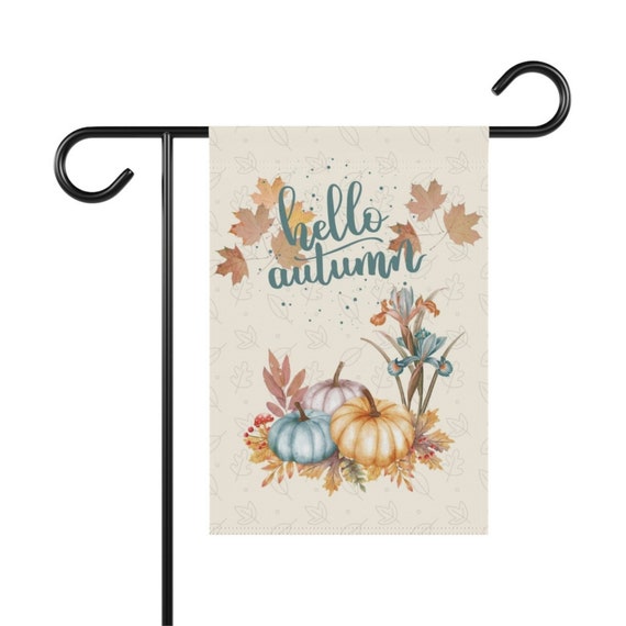 Hello Autumn Garden Flag: Pumpkin & Leaves Banner