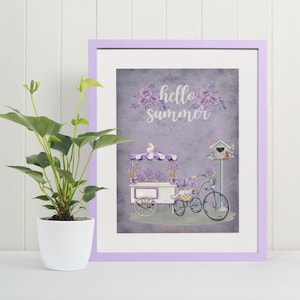 Hallo zomer print, zomer bloemen artwork, lavendel bloemsierkunst, hallo zomer decor, paarse bloem poster