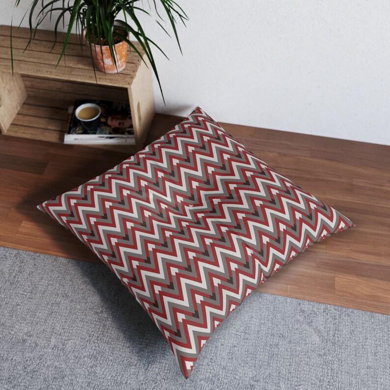 Red Chevron Allure Square Tufted Floor Pillow, Chevron Pattern Large Pillow Seating, Square Red