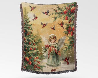 Vintage Angel Christmas Blanket: Woodland Scene Cotton Throw