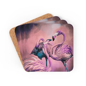 Glitzy Flamingo Corkwood Coaster Set: Pink Home Decor