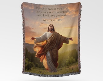 Jesus gewebte Decke, Matthäus 11:28 Bibelvers, christliches Geschenk