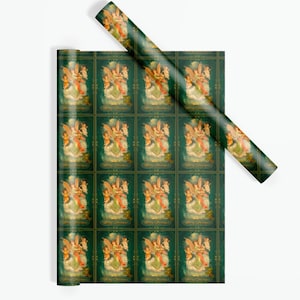 Angelique Christmas Wrapping Paper Roll: Dark Green & Gold Angels