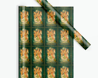 Angelique Christmas Wrapping Paper Roll: Dark Green & Gold Angels