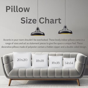 May include: A pillow size chart displays four white square pillows of varying sizes: 20x20 inches, 18x18 inches, 16x16 inches, and 14x14 inches. The pillows are arranged on a gray sofa. The text "Pillow Size Chart" is at the top.
