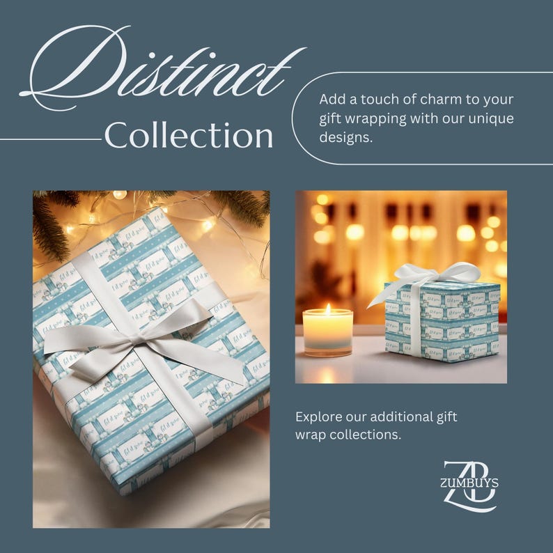 May include: A blue and white patterned gift wrap with a white ribbon. The gift wrap features a snowflake design and the text "Distinct Collection".