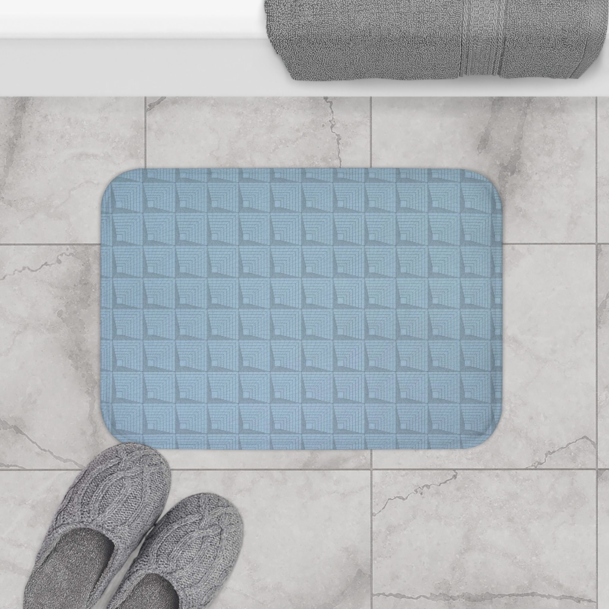 Blue Square Echo Memory Foam Bath Mat, Blue Geometric Bath Mat, Optical