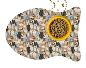 Tapis pour chat : set de table en forme de poisson avec motif chat