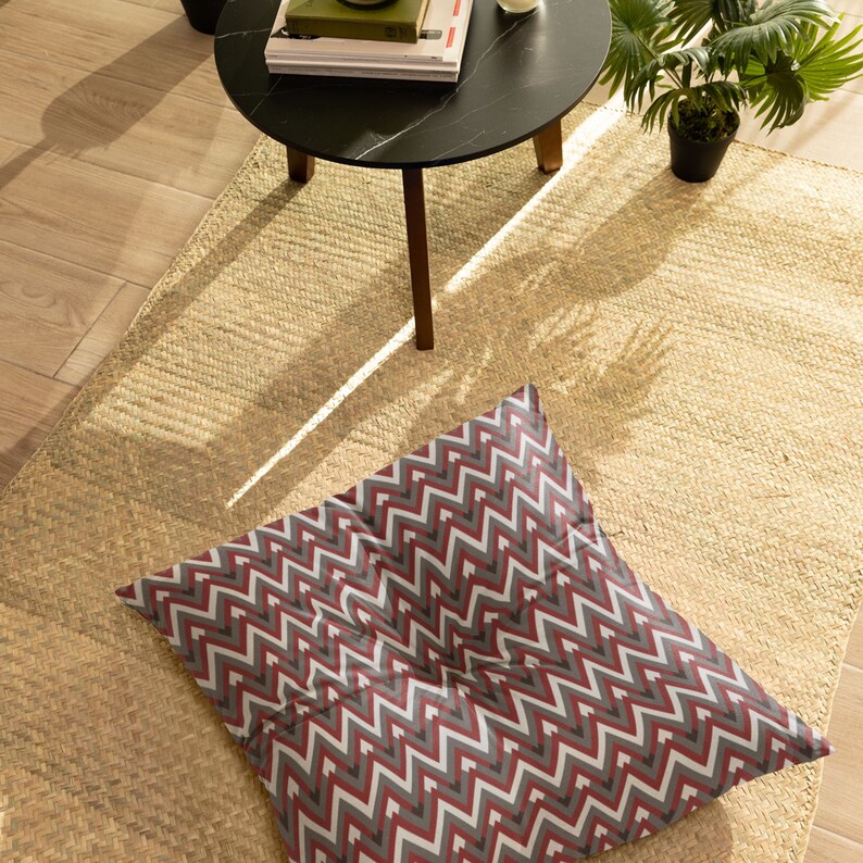 Red Chevron Allure Square Tufted Floor Pillow, Chevron Pattern Large Pillow Seating, Square Red