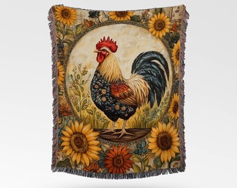 Rooster and Sunflowers Woven Cotton Blanket: Country Farmhouse Decor