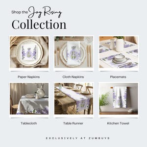 Peut inclure: Une collection de linge de table avec un motif floral, une croix et les mots "Joy Rising". La collection comprend des serviettes en papier, des serviettes en tissu, des sets de table, une nappe, un chemin de table et une serviette de cuisine.