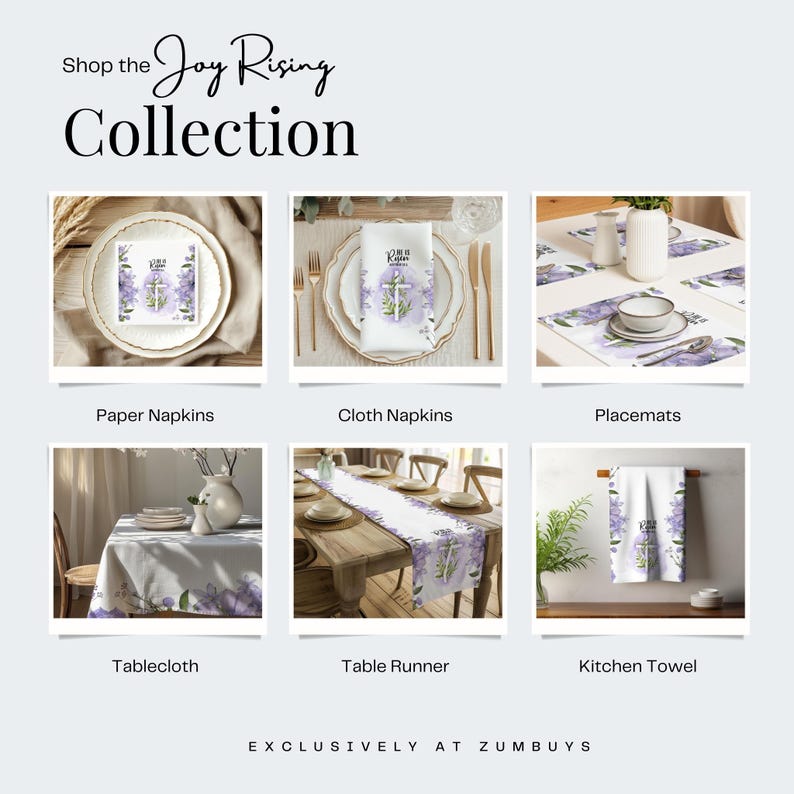 Peut inclure: Une collection de linge de table avec un motif floral, une croix et les mots "Joy Rising". La collection comprend des serviettes en papier, des serviettes en tissu, des sets de table, une nappe, un chemin de table et une serviette de cuisine.