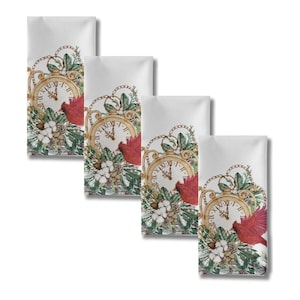 Zeitloses Rotes Kardinal-Stoffservietten-Set mit vier Vintage-Gold-Taschenuhren mit Rotem Kardinal und Grüner Girlanden-Servietten-Weihnachtstischwäsche