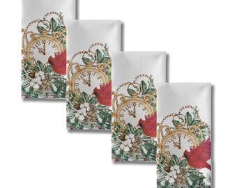 Red Cardinal Christmas Cloth Napkins: Vintage Pocket Watch Design, Set of 4