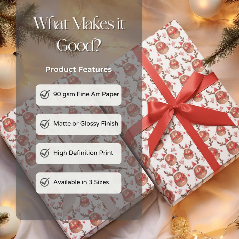 Op de afbeelding: Twee ingepakte cadeaus met een feestelijk rendierpatroon en een rode strik. De afbeelding bevat de tekst "What Makes it Good?" en "Product Features" met details over het papier, de afwerking en de afdrukkwaliteit.