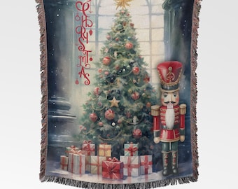 Nutcracker Christmas Woven Blanket: Holiday Tapestry Throw with Fringe