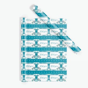 May include: White wrapping paper with a repeating pattern of blue and white stripes, white snowflakes, and a snowman holding a gift. The text "Let it snow" is repeated throughout the pattern.